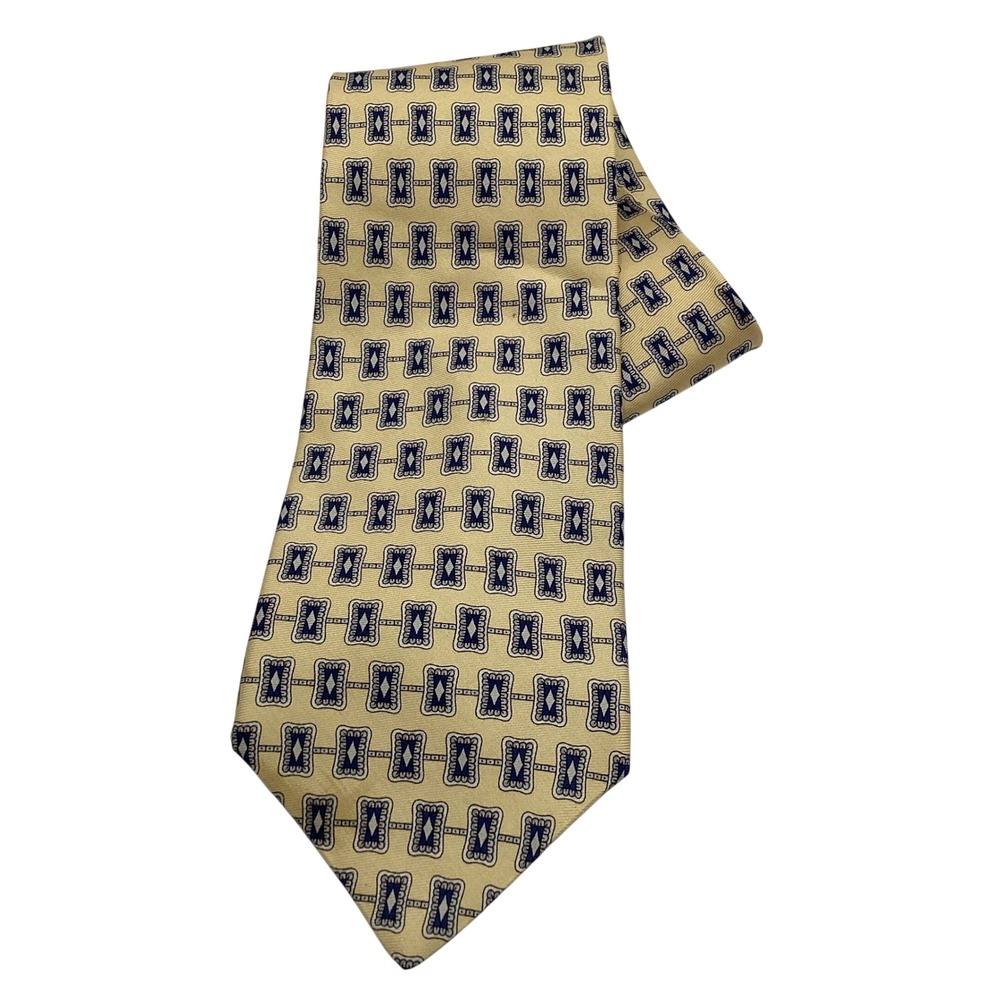 Paul Fredrick Mens Silk Necktie Cream Navy Blue Geometric Medallion Pattern 4in